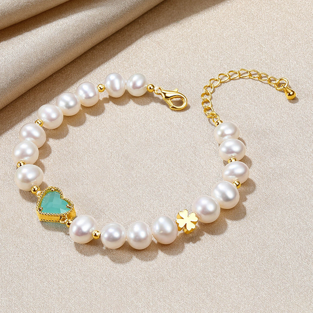 RVLA Romance Victory 7-8mm White Freshwater Cultured Pearls Golden Color Alloy Bracelet, 8"(6"+2"extender)