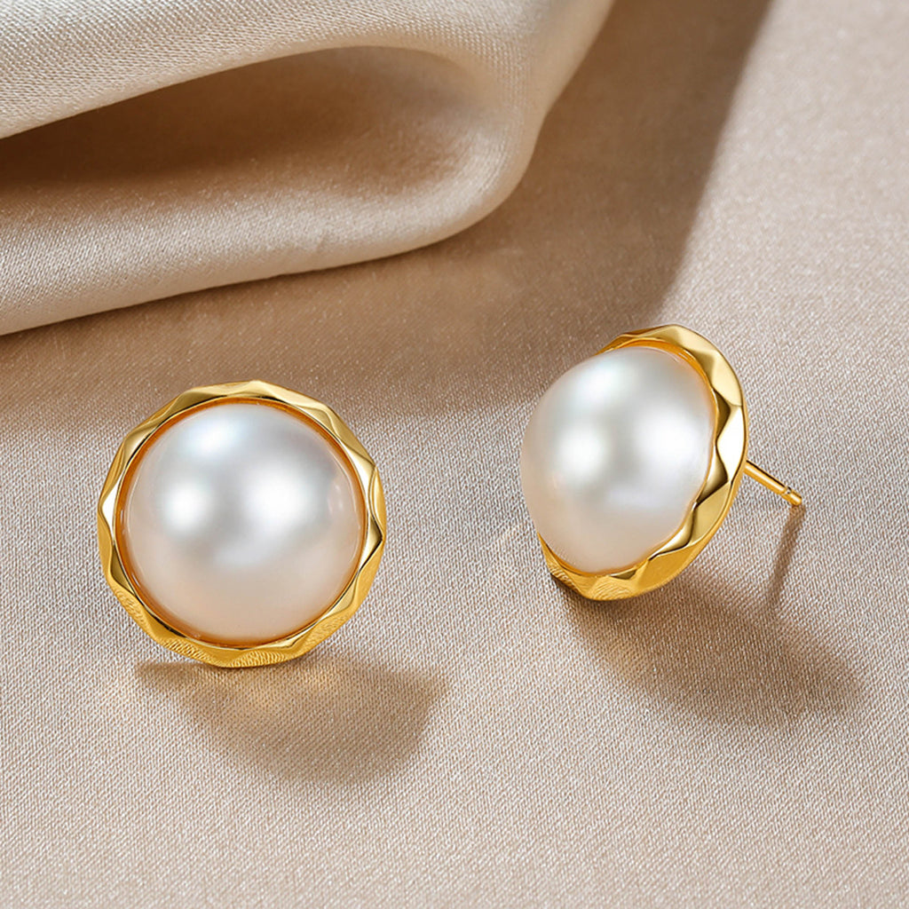 RVLA Romance Victory 18k Yellow Gold Plated S925 Sterling Silver 14-15mm Cultured Mabe Pearl Earrings