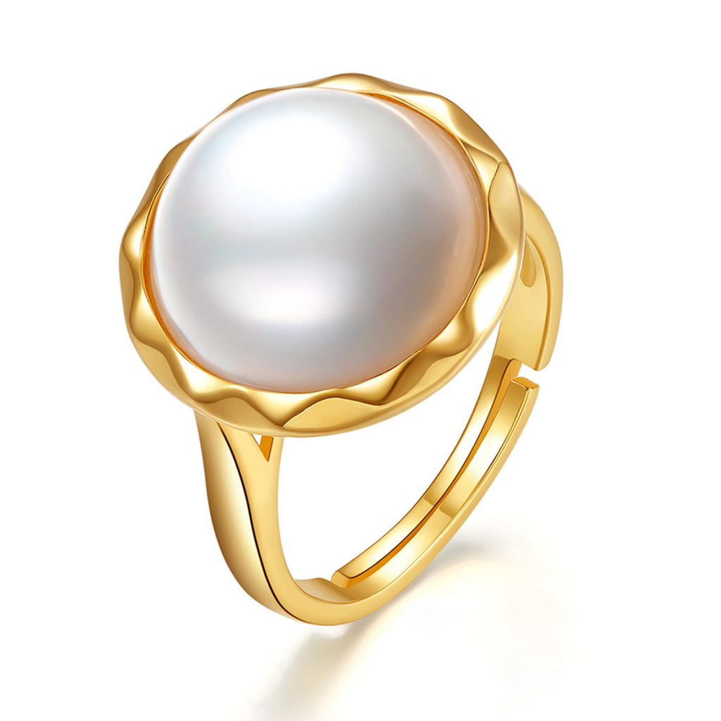 RVLA Romance Victory 18k Gold Plated S925 Sterling Silver 13-14mm Cultured White Mabe Pearl Adjustable Ring