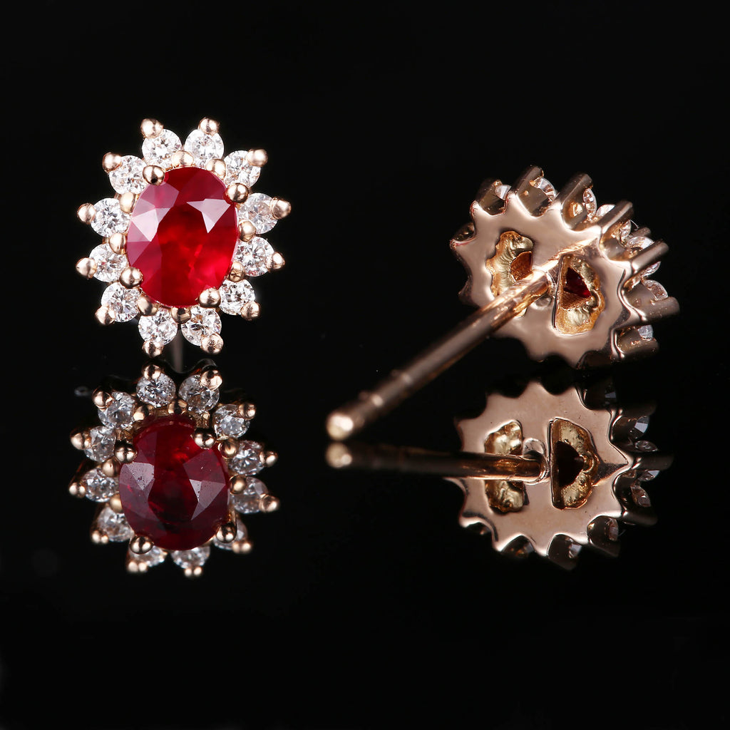 RVLA Romance Victory Classic Princess Diana Inspired 18k Solid Rose Gold Natural Diamond Natural Ruby Earrings