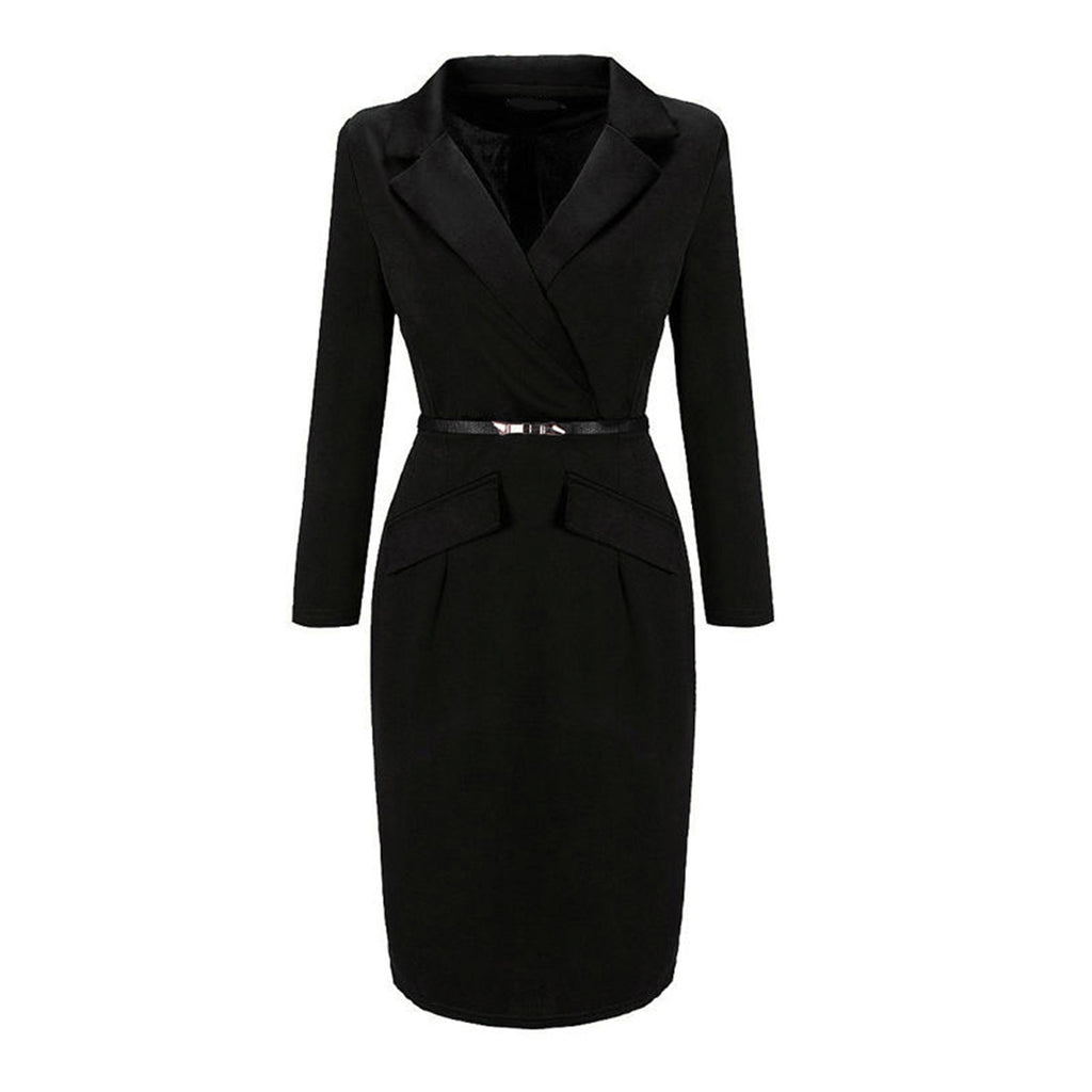 ROMANCE VICTORY Women's Long Sleeve Double Notch Lapel Formal Business Work Pencil Dress