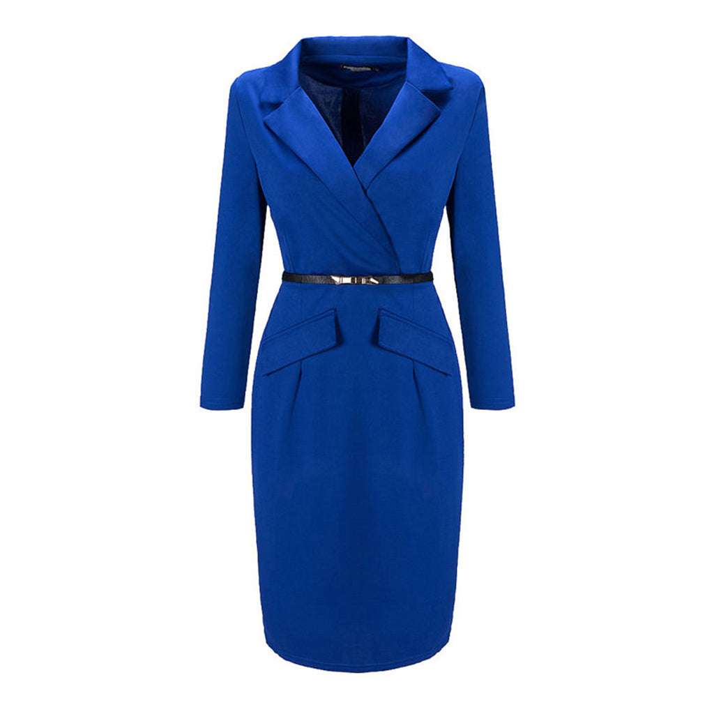 ROMANCE VICTORY Women's Long Sleeve Double Notch Lapel Formal Business Work Pencil Dress