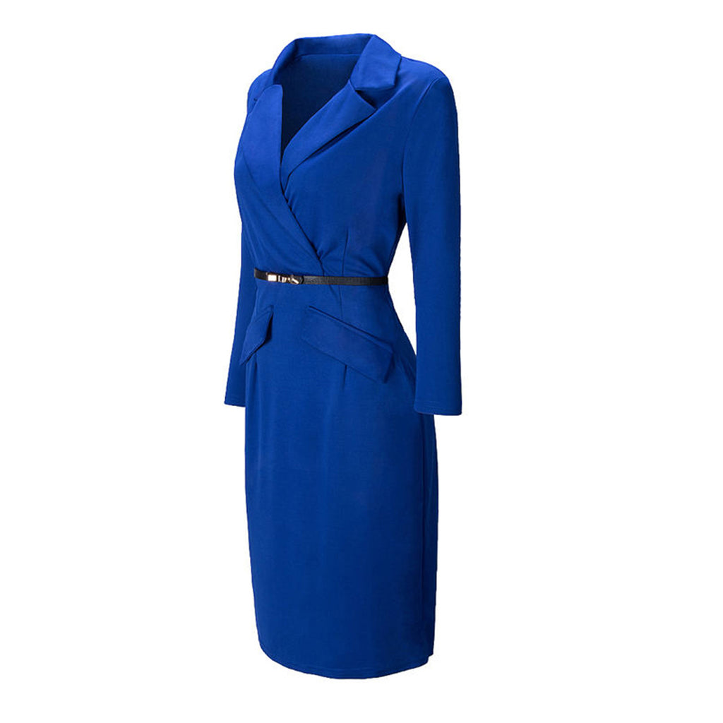 ROMANCE VICTORY Women's Long Sleeve Double Notch Lapel Formal Business Work Pencil Dress