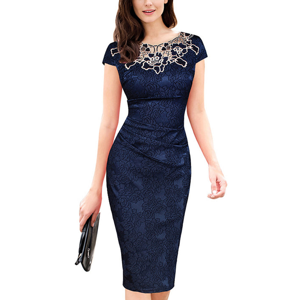 ROMANCE VICTORY Women's Floral Lace Patch Round Neck Ruched Bodycon Pencil Dress