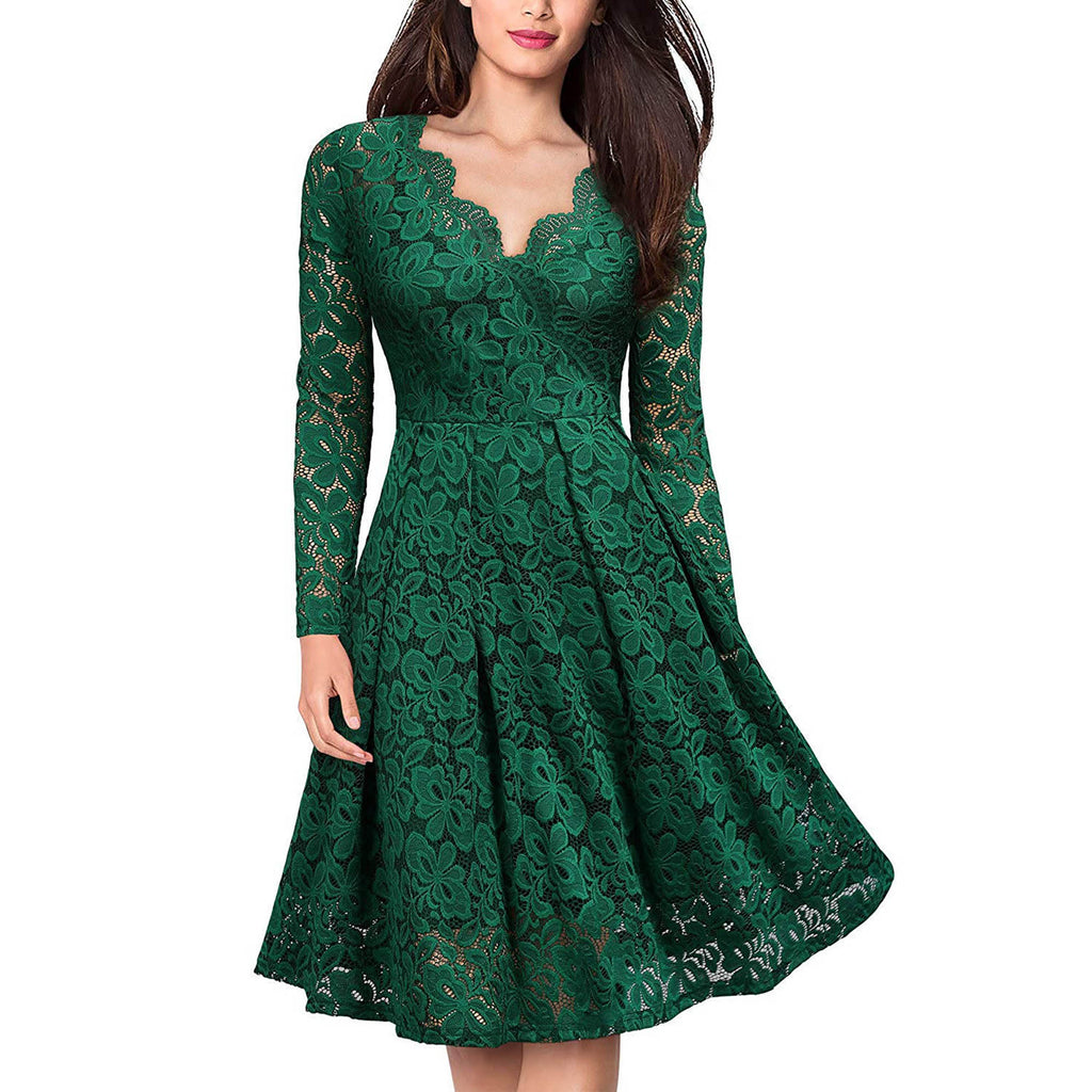 ROMANCE VICTORY Women's V Neck Long Sleeve Vintage Floral Lace Party Cocktail Pencil Dress