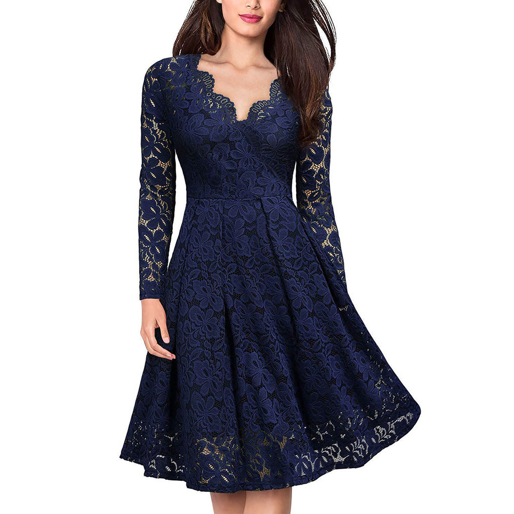 ROMANCE VICTORY Women's V Neck Long Sleeve Vintage Floral Lace Party Cocktail Pencil Dress