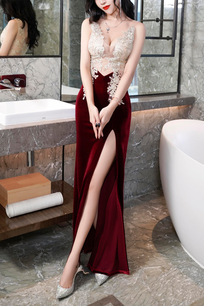 ROMANCE VICTORY Women's Sexy V-Neck Sleeveless Velvet Slit Evening Bridesmaid Cocktail Prom Dress