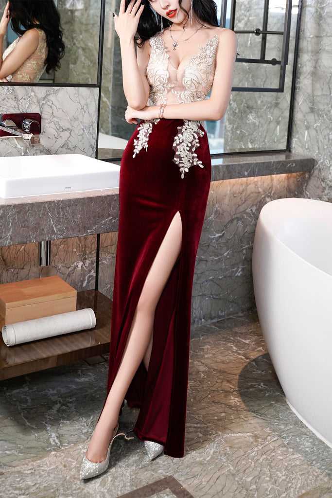 ROMANCE VICTORY Women's Sexy V-Neck Sleeveless Velvet Slit Evening Bridesmaid Cocktail Prom Dress