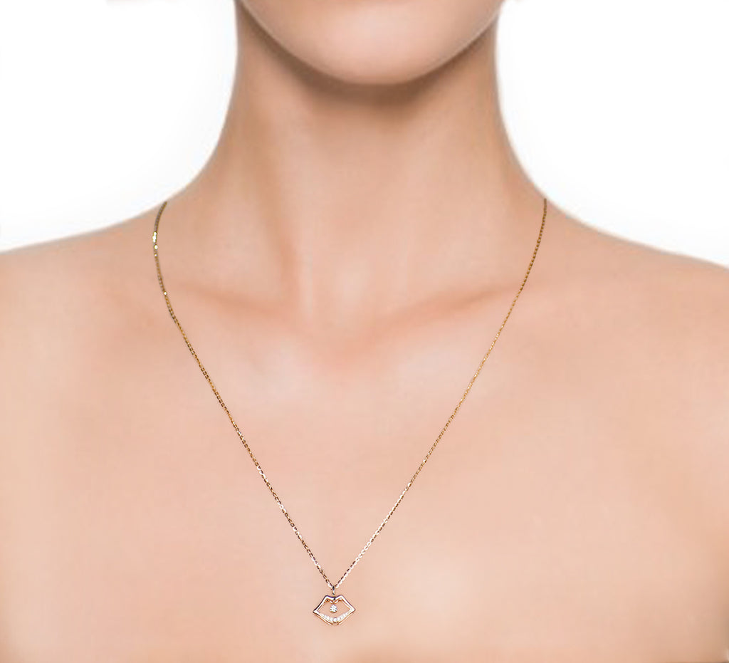 IGI Certified RVLA Romance Victory 18k Rose Gold Diamond Lips Pendant Necklace (0.053cttw, G-H color, VS1-VS2 clarity), 18”(16"+2” extender)